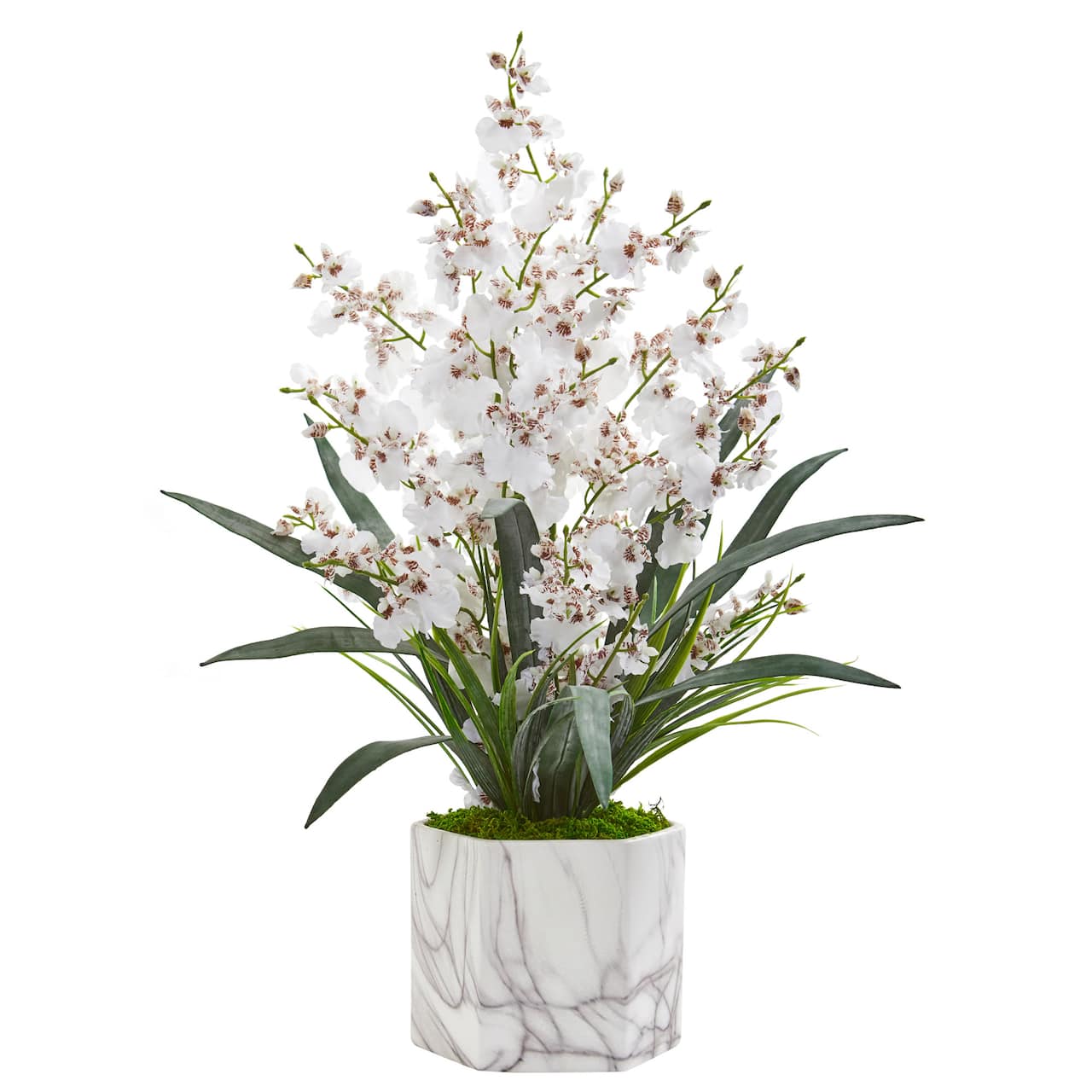 22" Dancing Lady White Orchid Arrangement in Marble Finished Vase